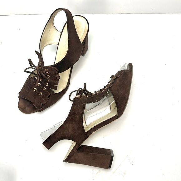 Bettye Muller Brown Suede High Heels Sandals Lace Up with Fringes Italy 40 US 10 - Picture 2 of 15